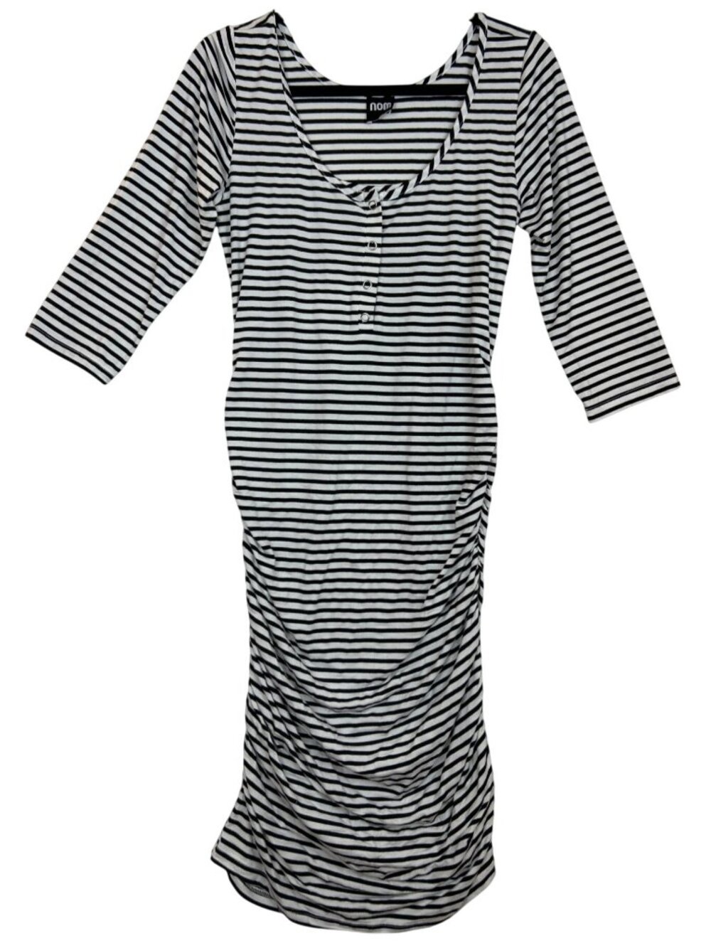 Nom Midi Dress Women's L Black White Striped Ruched 3/4 Sleeve Chic Maternity